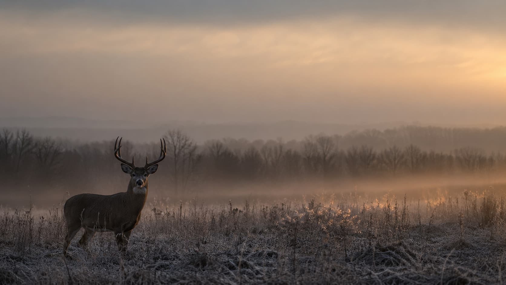 Misty buck at dawn at the timber edge